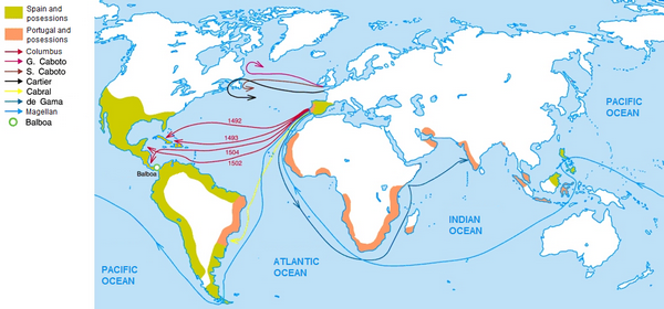 карта основых путешествий эпохи Великих географических открытий