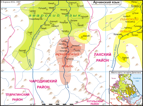 карта арчинского языка, на которой видны село Арчиб (пунсон красного цвета) и другие сёла Арчибского сельсовета