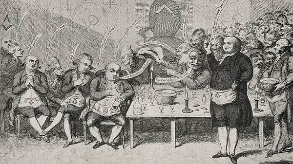 многие авантюристы Просвещения были связаны с тайными обществами, в частности масонами (на этой сатирической картинке, изображающей масонский пир, слева, у стола, сам граф Калиостро)