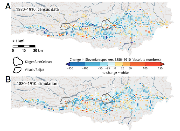 реальные данные об изменении числа владеющих словенским языком в Каринтии в период с 1880 по 1920 год (A) и прогноз, построенный с помощью разработанной модели (B)