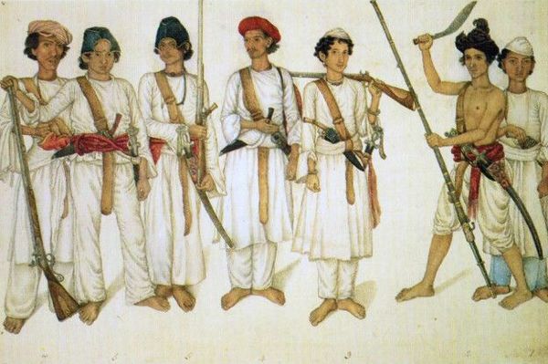 Британская Ост-Индская компания стала нанимать гуркхов на военную службу частично для того, чтобы заручиться лояльностью правителей Непала. Картина времен англо-непальской войны 1815-16 годов.