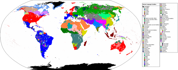 на карте страны покрашены в разные цвета, в зависимости от того, от какой языковой семьи произошли их языки