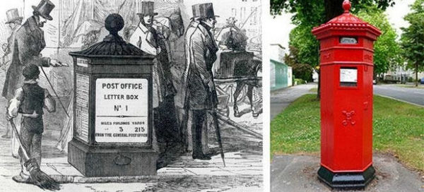 почтовые ящики появились в 1852 году и до сих пор подобные вертикальные ящики в ходу во всех странах Британского содружества
