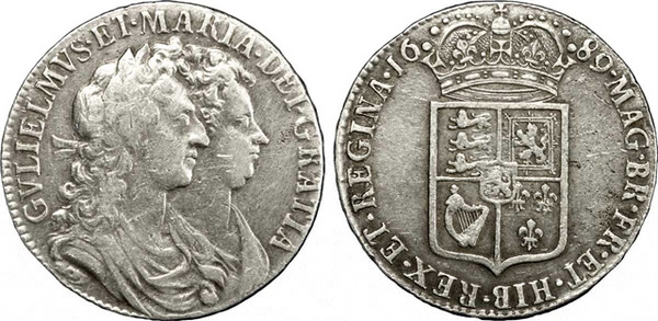 Вильгельм III с супругой на монете (полкроны, 1689)