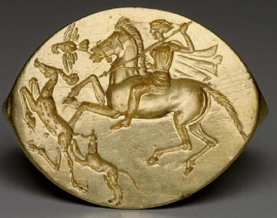 Золотой перстень, изображающий сцену охоты на оленя, 450–400 г. до н. э. Музей изящных искусств (Бостон)