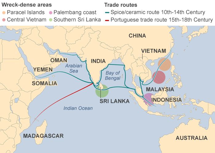 торговые пути и места кораблекрушений